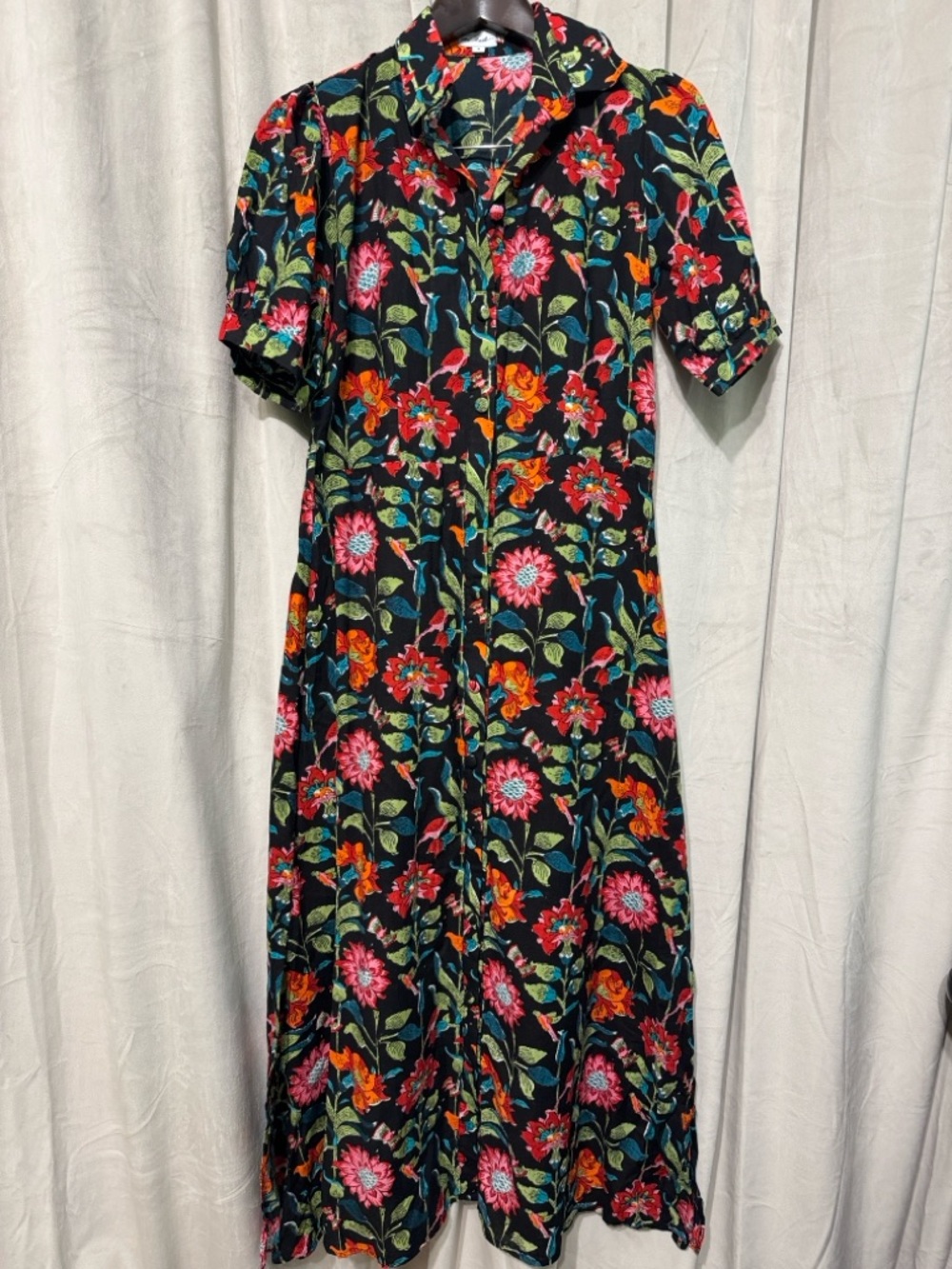 At Last Black Midi Dress with Pink & Orange Floral Motif